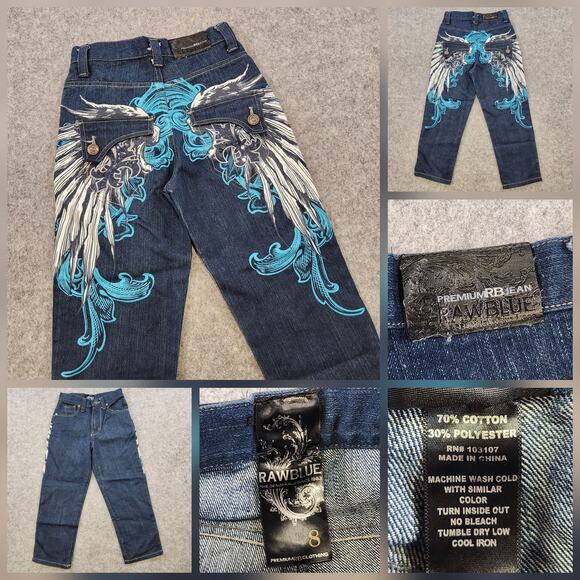 Raw Blue Jeans Boys Size 8 Blue Wing Embroidered Denim Straight Leg 24x22 - Picture 1 of 16
